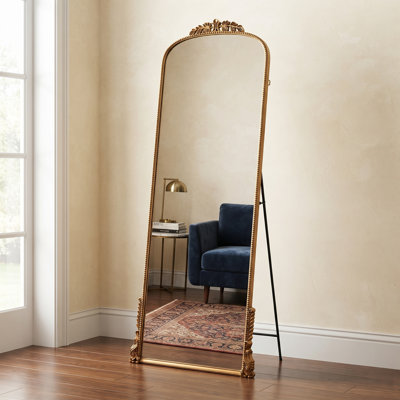 H 72" x W 30" Vintage Ornate Metal Arched Full Length Floor Mirror with Antique Gold Decorative Frame, Freestanding Leaning Wall Mounted Mirror