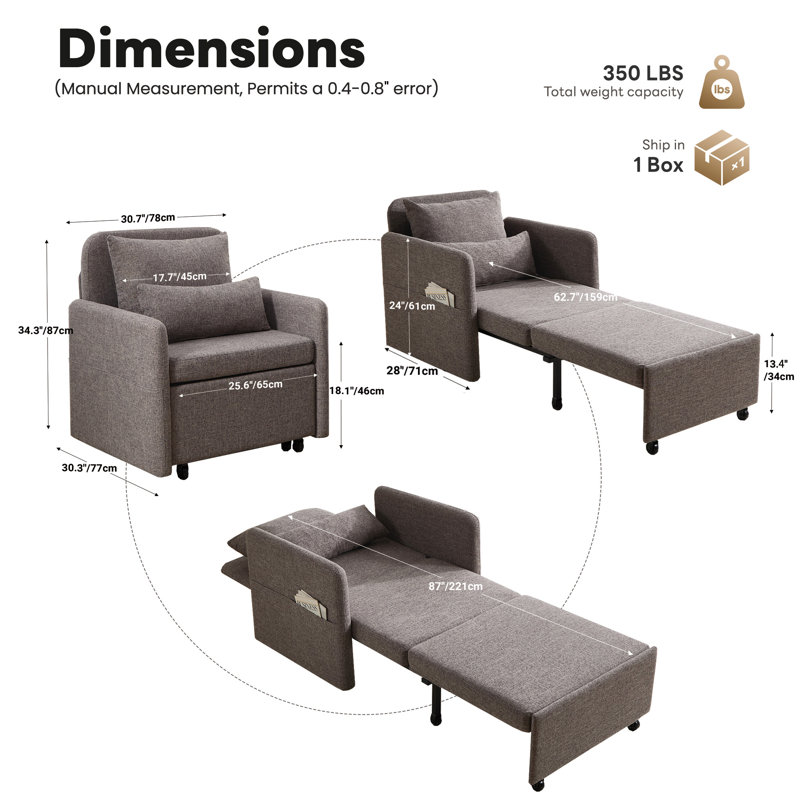 87''W 3-In-1 Convertible Chair Bed, 3-Section Extra Length Adjustable Backrest  With 2 Cushions & Storage Bag, Gray Linen
