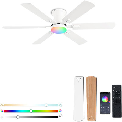 56" RGB Ceiling Fans With Lights - App And Remote Control, Quiet Reversible DC Motor, Flush Mount Double-Sided Blades, 3CCT Dimmable, Smart Low Profile Ceiling Fan For Bedroom Kids Room