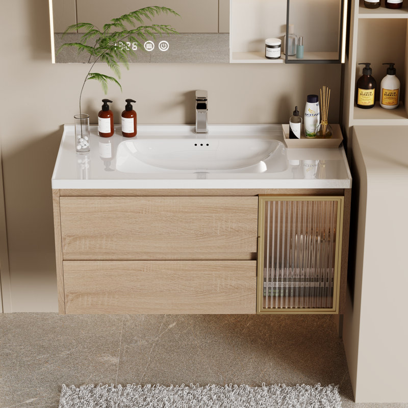 36" Single Bathroom Vanity in Natural Wood with Ceramic Top, Visible Cabinet Door and Drain Included– Bathroom Vanities