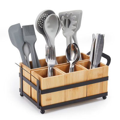 Porte-ustensiles polyvalent à 4 compartiments - Porte-ustensiles amovible, cadre et poignées en métal, base antidérapante et résistante à l'eau, organisateur de couverts portable pour la cuisine, la table, les fêtes et les pique-niques