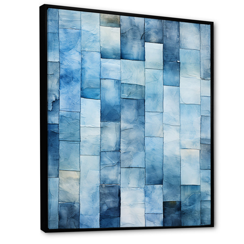 Carreaux scandinaves blancs et bleus V - art mural abstrait, Cadre flottant noir, H 20 po x l 12 po x P 1 po