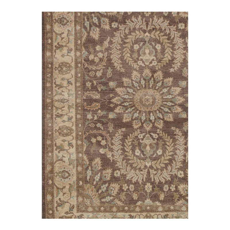Tapis beige / brun en laine et en coton noué à la main à motif floral 5 pi 1 po x 6 pi 7 po Floral