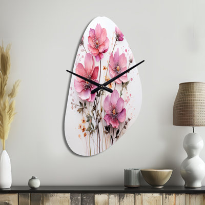 Vislobokov, rose, minimalisme, fleur rose - horloge murale asymétrique florale en métal, impression d'horloge murale moderne de forme irrégulière
