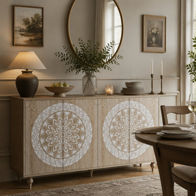 Buffet 60 po à grain rétro sculpté Mandala, armoire 4 portes Boho, crédence de rangement Mid-Century à pieds surélevés pour vestibule, salle à manger et salon