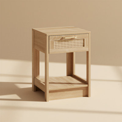 Rustic Wood Side Table, Boho Nightstand with Rattan Drawer & Open Shelf, Oak Finish