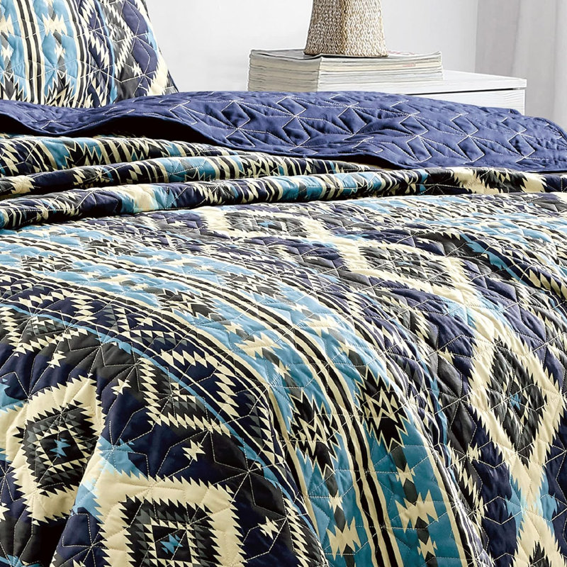 Queen Size Blue and Beige Reversible Polyester Quilt Set
