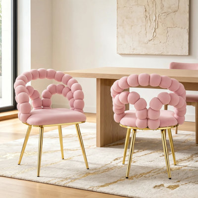Modern Velvet Dining Chairs with Puffy Bubble Back and Gold Legs (Set of 2)