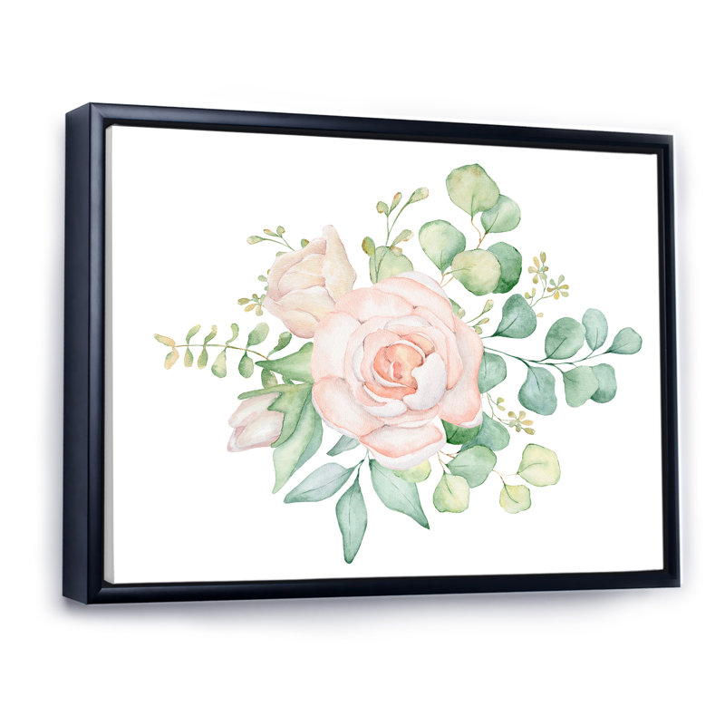 Bouquet de fleurs de rose et d'eucalyptus - Peinture sur toile, H 30 po x l 40 po x P 1,5 po, Cadre flottant noir