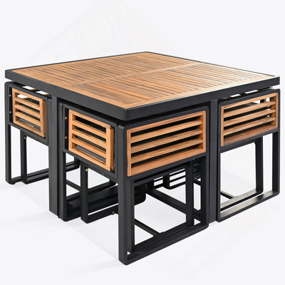 Ensemble de salle à manger 9 pièces en bois d'acacia, ensemble de patio extérieur peu encombrant, 4 chaises rembourrées et 4 repose-pieds et 1 table carrée, pour la cour, le jardin, la terrasse et la piscine, gris