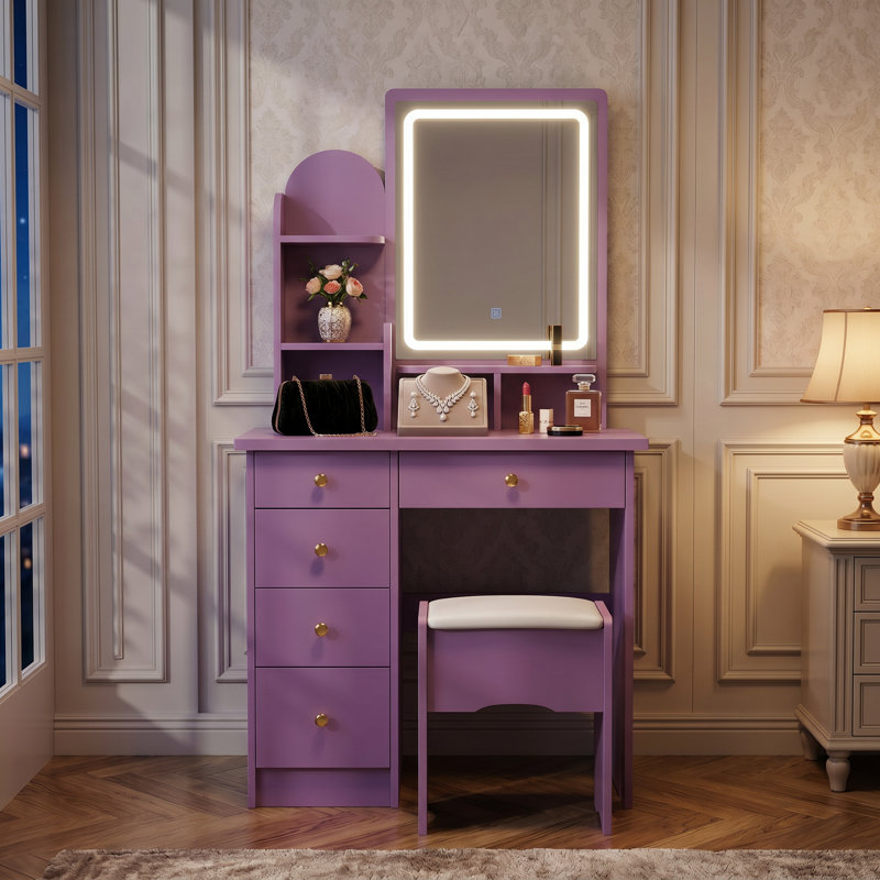 Moriah 55.1'' H Makeup Vanity Set with Stool and Mirror, Purple