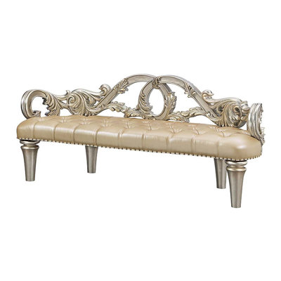 Tufted Seat Faux Leather Bench in Champagne and Beige