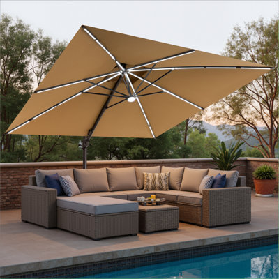 Parasol de patio carré en porte-à-faux à lumière solaire 128 po x 128 po avec base