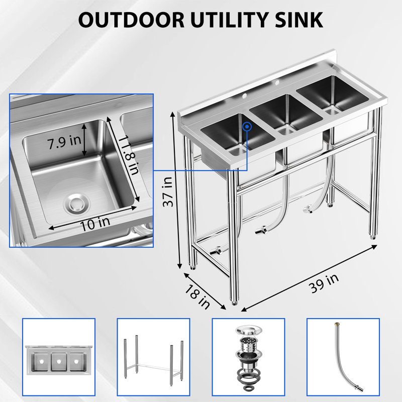 Outdoor Stainless Steel Sink, 3-Compartment Freestanding Sink, Commercial Kitchen Utility Sink for Garage, Restaurant, Backyard