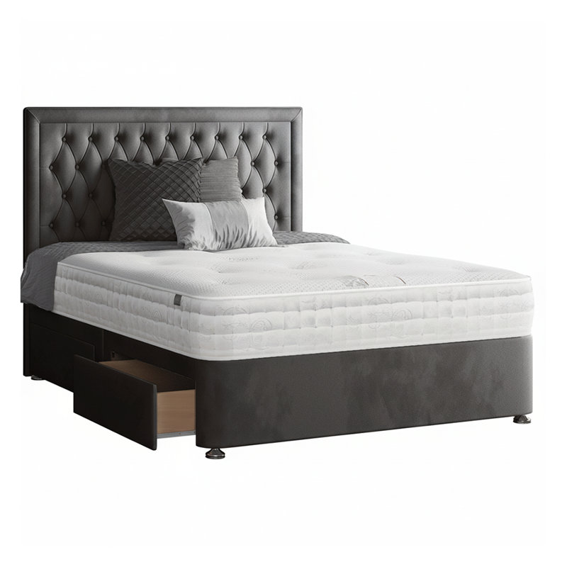 Gallego Upholstered Divan Bed, Single (3'), Charcoal, 2 Left Drawers