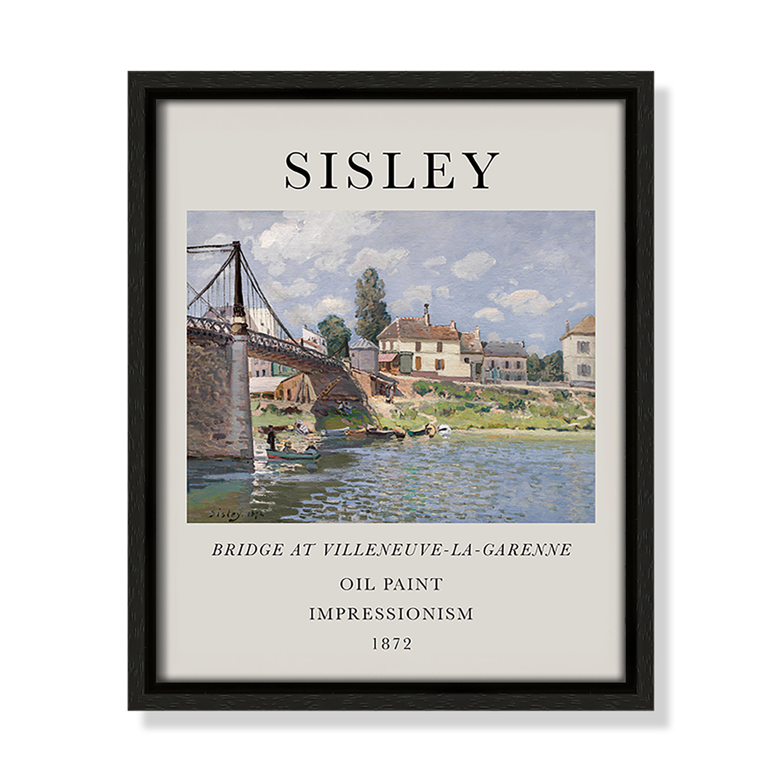Old Masters Collection " The Bridge At Villeneuve " by Alfred Sisley, Espresso Floater Frame, No, 11.5" H x 9.5" W x 2" D