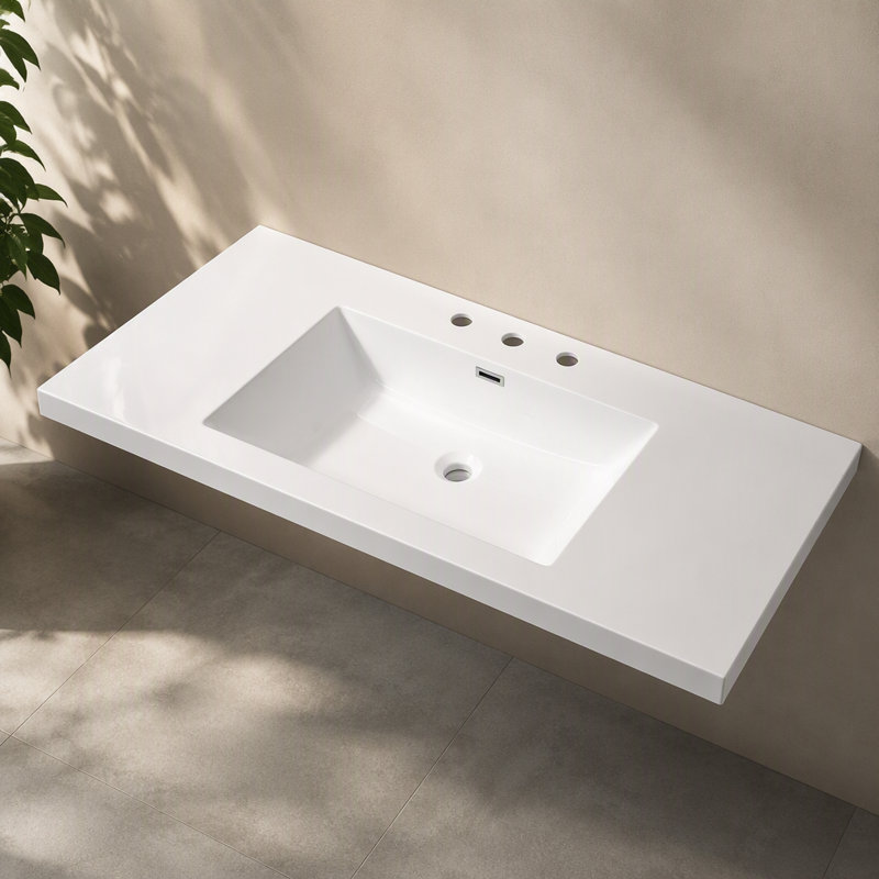 48" Resin Basin for Bathroom Vanity, Bathroom Sinks with 3-Faucet Holes, Vanity Top only, Bright White