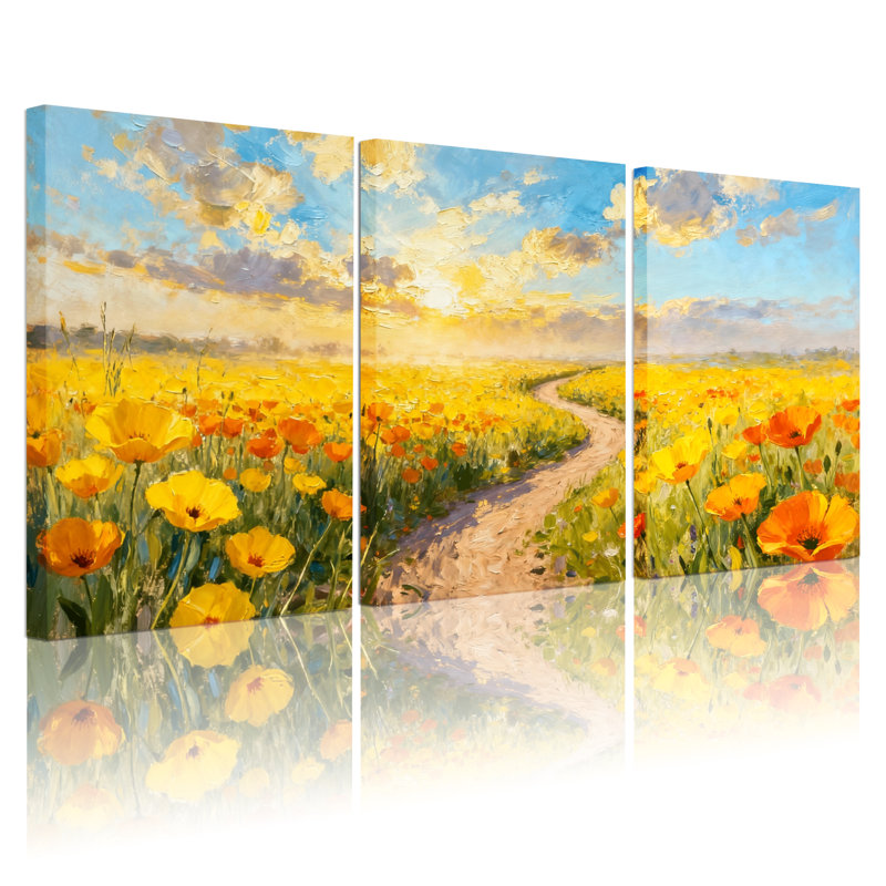 Assortiment de bouquets de fleurs ensoleillées avec coquelicots jaunes et chemin, ensemble de 3 impressions sur toile
