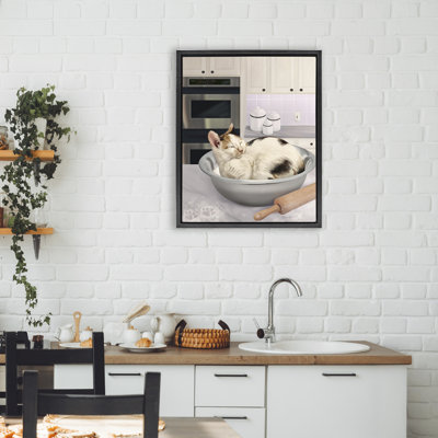 Sleepy Cat in Mixing Bowl Floating Frame, design by Mehu Art
