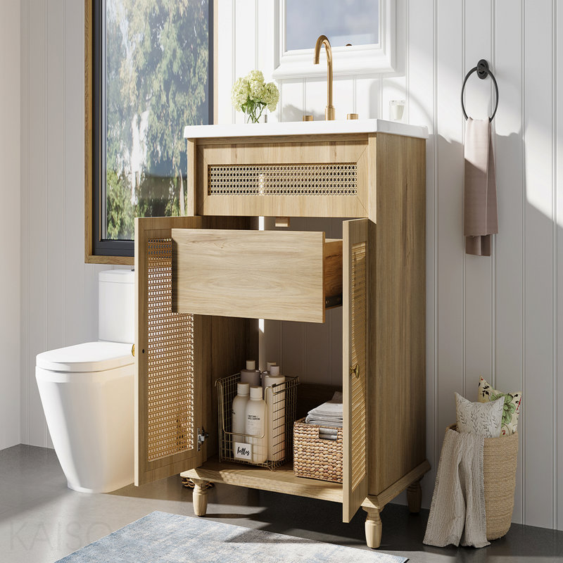 Meuble-lavabo de 30 pouces: portes en rotin tissé à la main, pieds en bois massif et lavabo en résine