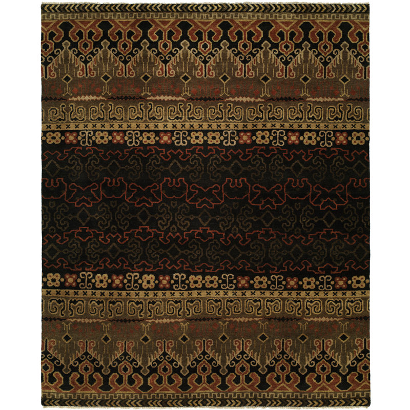 Donrico Hand Knotted Wool Southwestern Area Rug in Black, Rectangle 4' x 6'