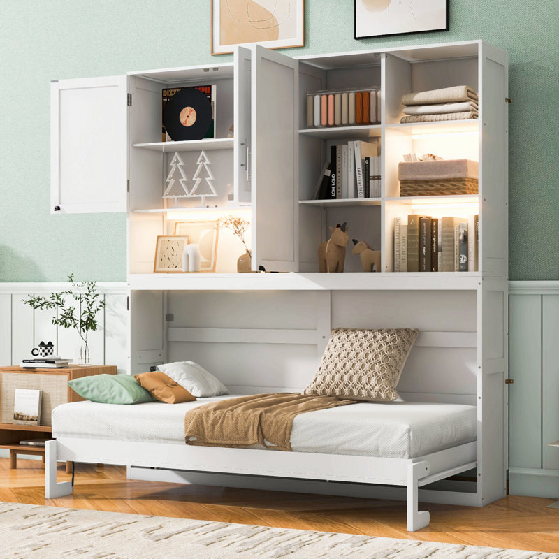 Lit escamotable mural simple avec armoire supérieure, tablettes, lit pliable peu encombrant avec lumière et USB, Blanc