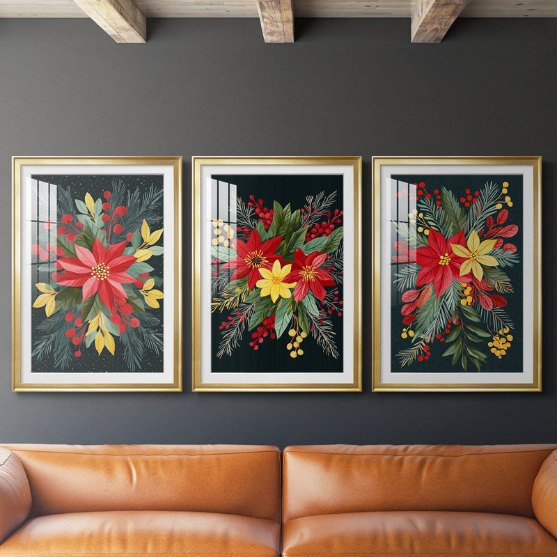 Christmas Holiday Art CVIII - Impression sur mesure encadrée de qualité supérieure - 3 pièces, H 19 po x l 27 po, Doré