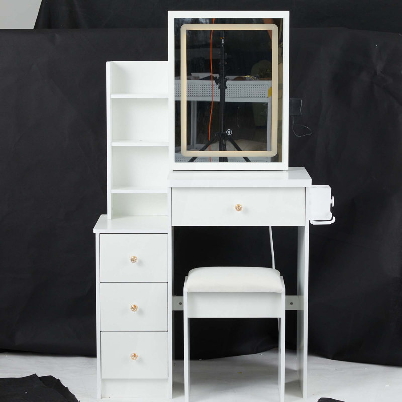 29.2" Small Size Left Bedside Cabinet Vanity Table   Cushioned Stool, 2 AC 2 USB Power Station, Hair Dryer Bracket, Extra Large Touch Control Sliding LED Mirror, Tri-Color Switching, Brightness Adjust