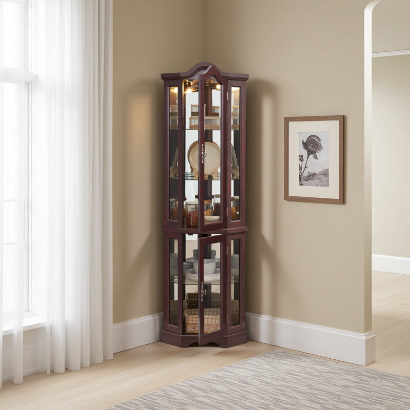Lighted Corner Curio Cabinet with Tempered Glass Doors & Adjustable Shelves - Elegant Dark Cherry Display Cabinet for Living Room & Bedroom, 70.28" Height