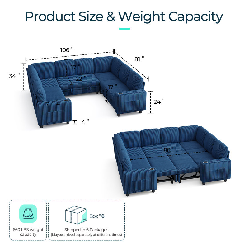 Canapé-lit modulaire en velours côtelé 106 po avec rangement et charge USB, Velours côtelé bleu marine Soren