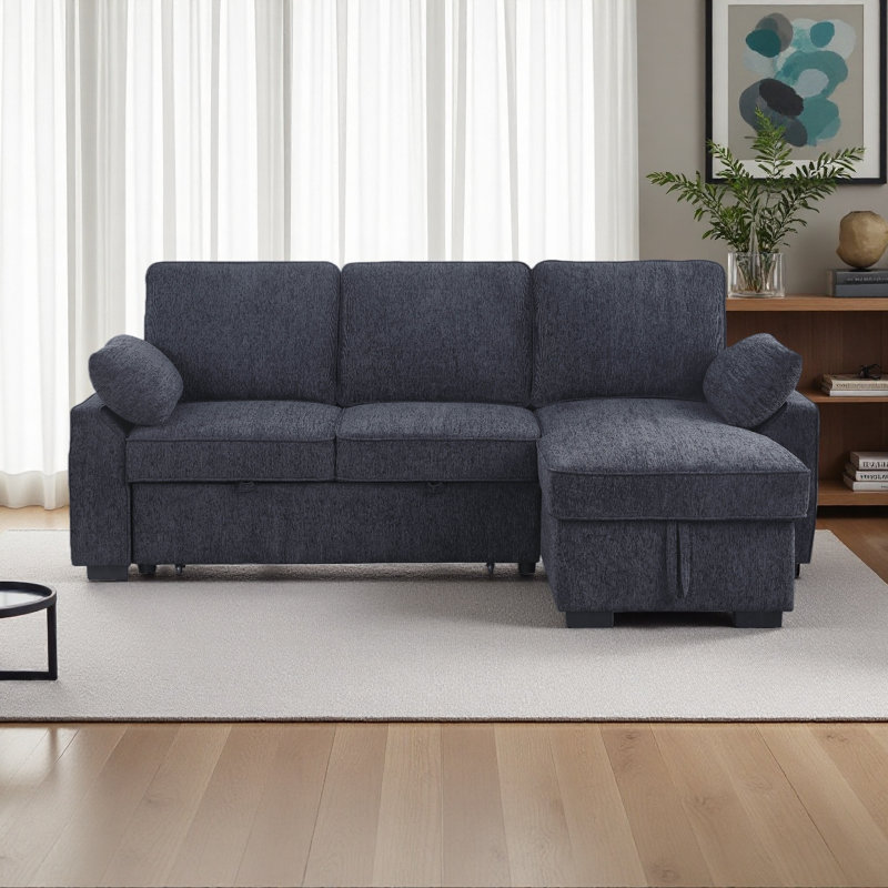 Mackenzie 91"W Chenille Fabric Reversible Sleeper Sectional With Storage Chaise, Drop-Down Table, Cup Holders And Charging Ports