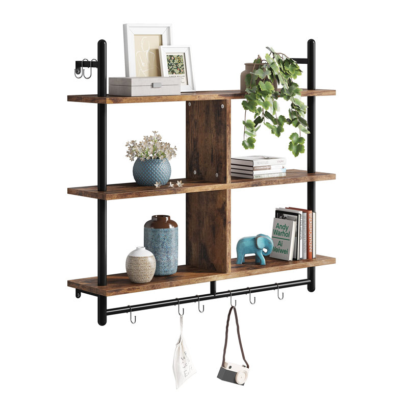 Kitchen Shelves Wall Mounted Floating Shelving,3 Tier 41.5" Coffee Bar Shelf with Holder,For Kitchen, Rustic Brown