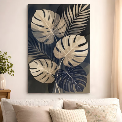 Toile encadrée, Monstera et feuilles de palmier en beige et bleu marine, illustration botanique d'inspiration Art nouveau. Décoration murale, grande œuvre d'art pour le salon, prête à être suspendue, 24 po x 36 po