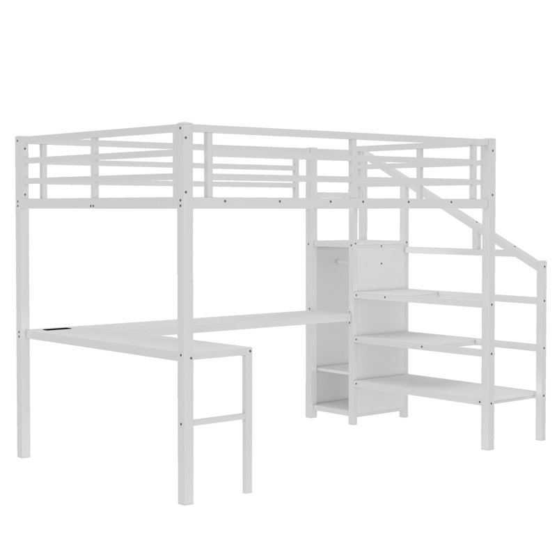 Metal Loft Bed with Desk & USB,LED lights, White, Queen