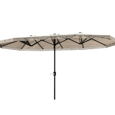 Parasol de patio rectangulaire avec frange décorative et manivelle, revêtement Upf30 + pour le blocage, la décoloration, mât en acier 12 nervures, très grande frange extérieure à double face, bouclier, revêtement thermolaqué