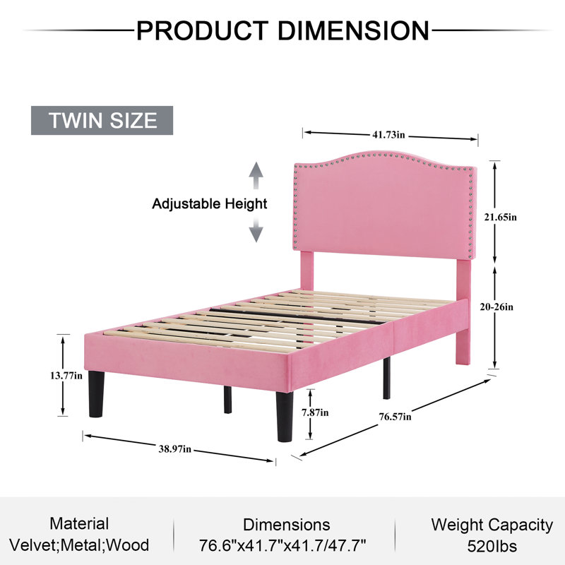 Structure de lit tapissier Auxter, Simple, Rose