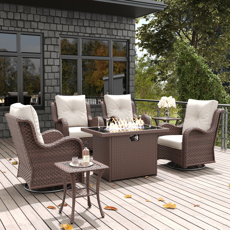 LayinSun 7 Pieces Swivel Rocker Patio Chairs Set With Side Table, Beige, Brown