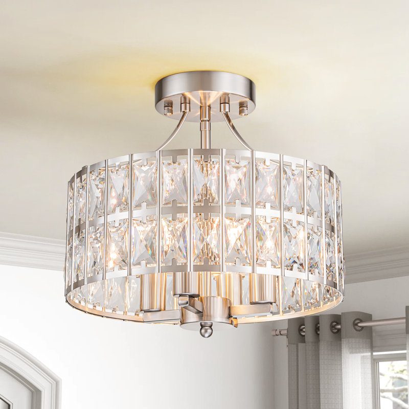 Elonso 12.5" W 4-Light Crystal Semi Flush Mount, Satin Nickel
