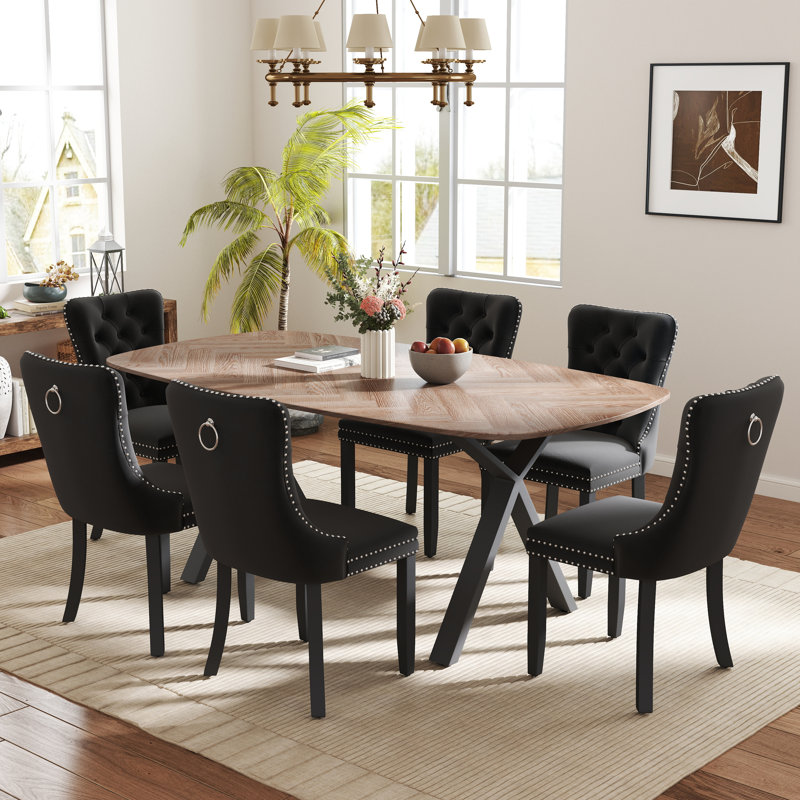 Rectangle Dining Set with Tufted Dining Chair, Black, 29.5"H x 71"L x 35.4"W