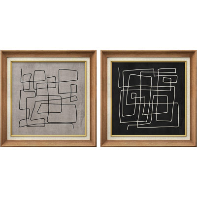 Mid-Century Modern Black and White Line - Ensemble de 2 peintures sur toile encadrées