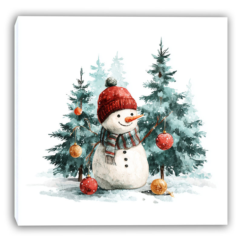 «Cheerful Snowman in Winter Forest», art mural sur toile tendue, H 40 po x l 40 po