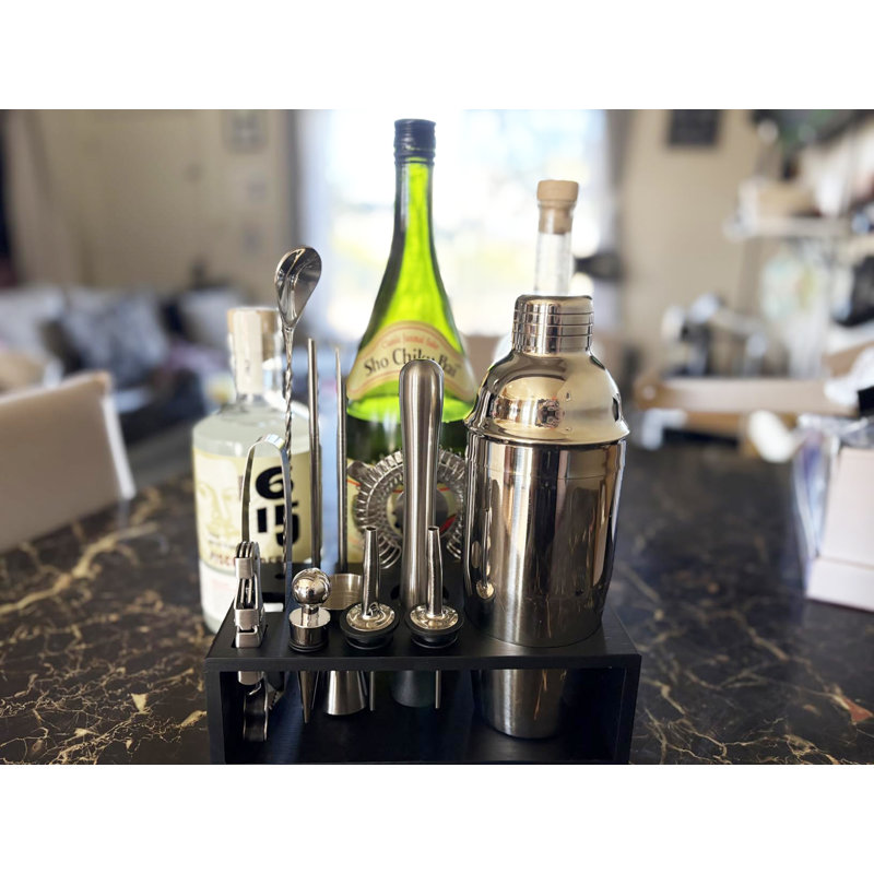 Ensemble d'outils de bar 13 pièces en acier inoxydable avec support en bambou - Ensemble complet de barman pour la maison, la cuisine et les cadeaux