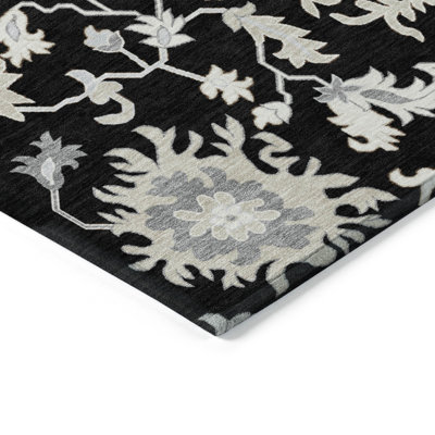 5' X 8' Black Ivory And Gray Floral Washable Indoor Outdoor Area Rug
