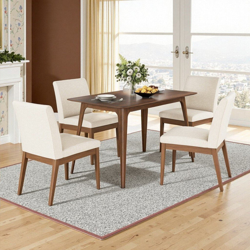 Ensemble de table de salle à manger 5 pièces avec structure en bois d'hévéa massif et 4 chaises de salle à manger rembourrées