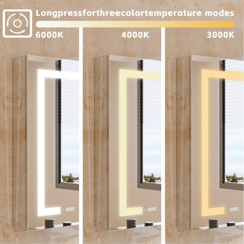 Armoire à pharmacie lumineuse pour salle de bain avec douilles et supports, l 60 po x H 36 po, à intensité variable et à réglage de la couleur, facile à installer