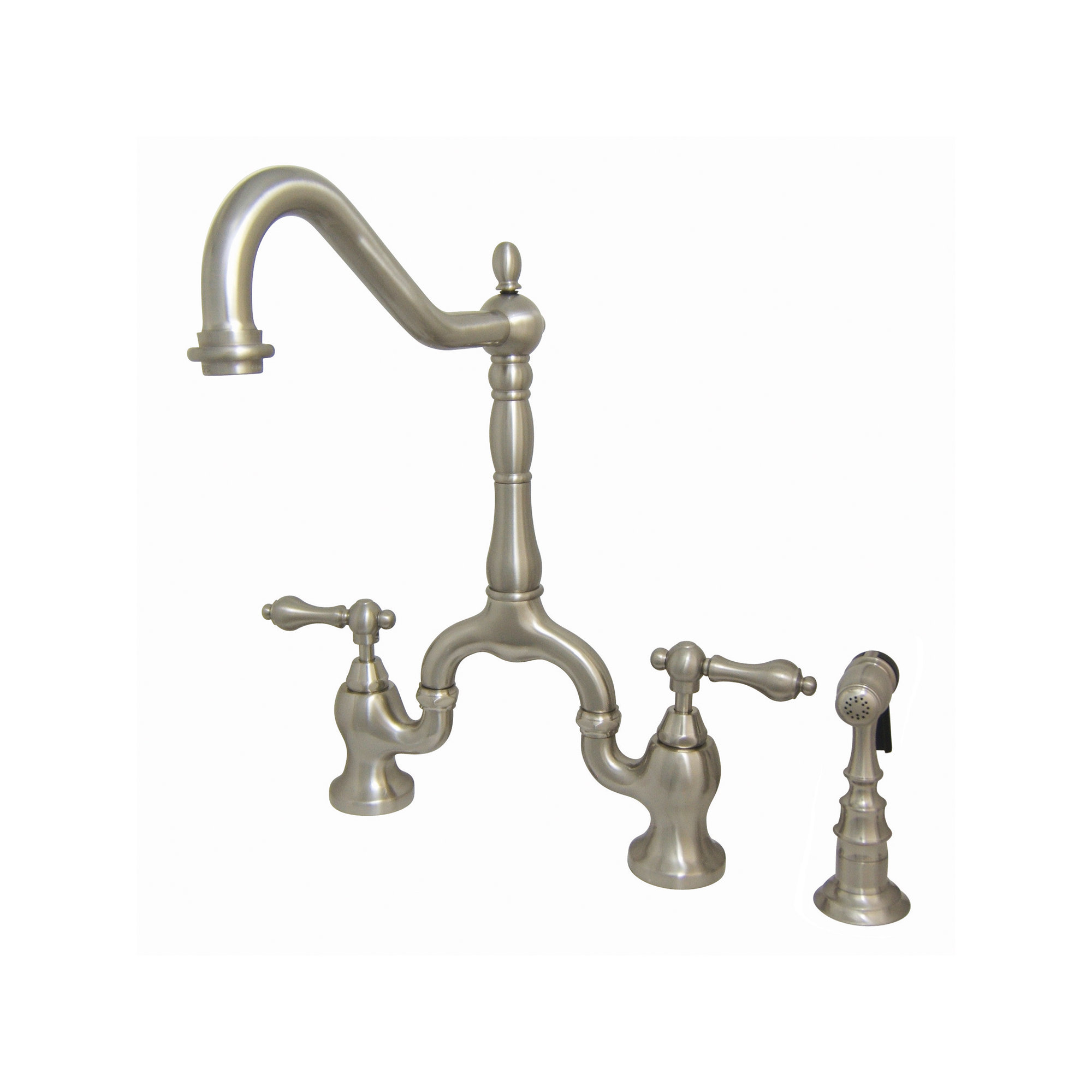 Kingston Brass English Country Two-Handle 3-Hole Deck Mount Bridge Kitchen Faucet with Brass Side Sprayer, Brushed Nickel
