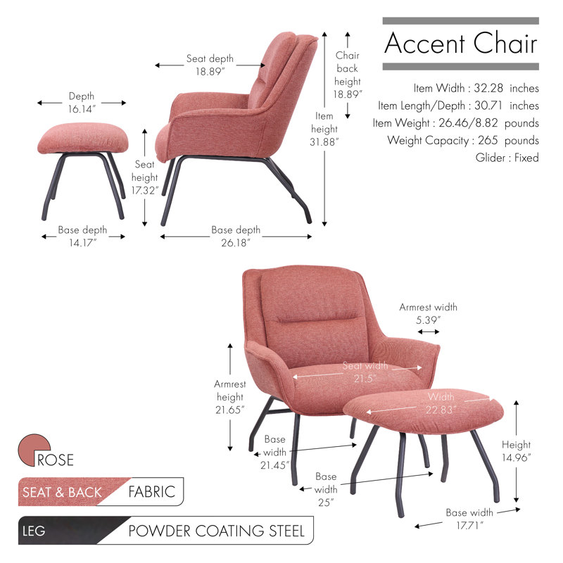 Caicedo Fabric Upholstered Accent Chair with Ottoman, Rose Polyester Blend