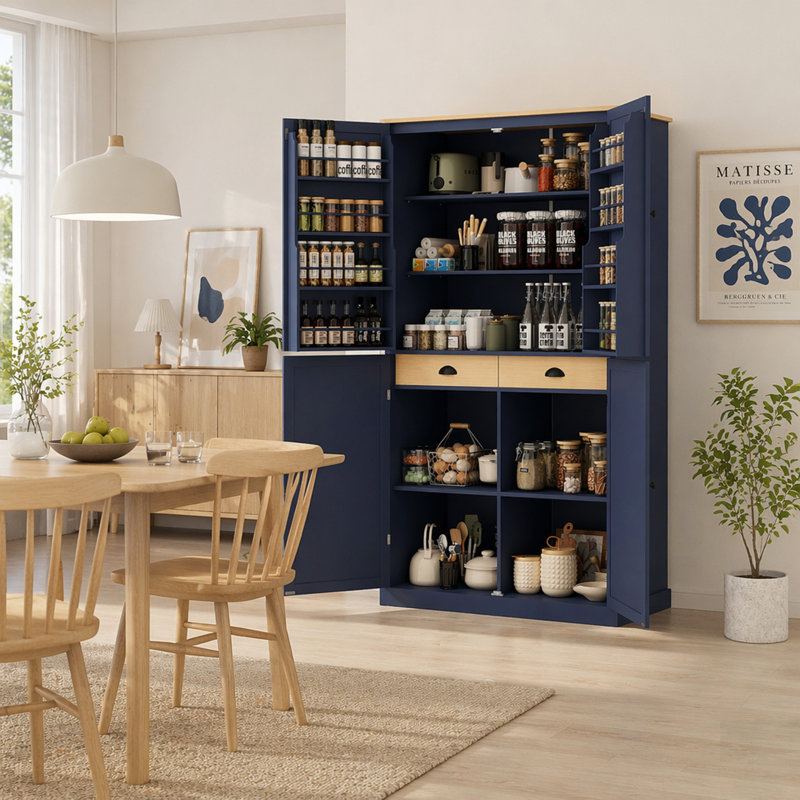 Spacieux garde-manger autoportant avec 2 tiroirs, 2 tablettes réglables et 8 tablettes de porte pour un rangement et une organisation améliorés