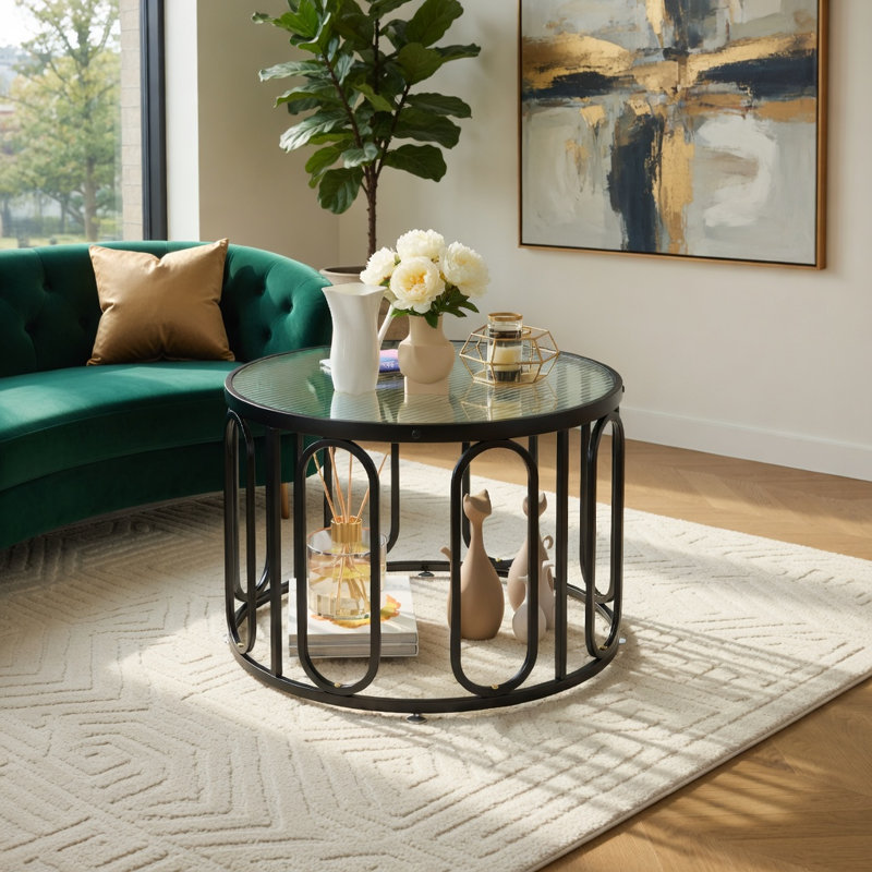 Table basse Hommoo 24 po avec plateau en verre trempé Reeded, structure en métal, table de salon à 2 niveaux avec pieds réglables, noir et transparent Hommoo
