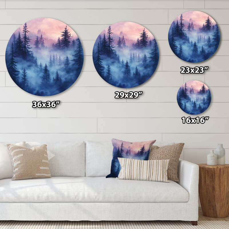 Décoration murale ronde en métal Misty Pine Forest - Paysages, L 16 po x H 16 po
